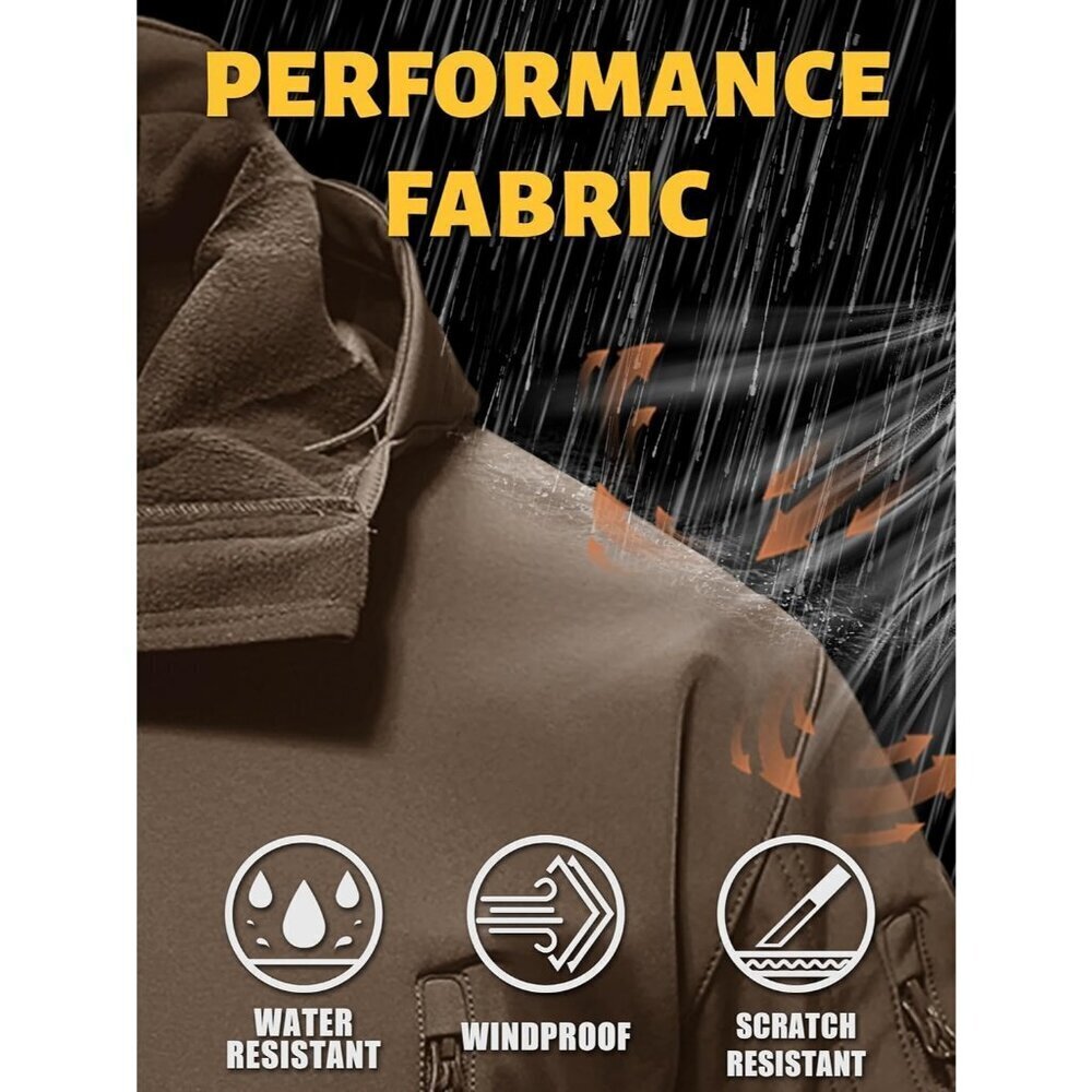 Men's  #12-coffee Tactical Soft Shell Winter Jacket with Fleece Lining & Hood - Picture 2 of 6